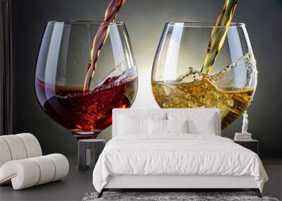 Two elegantly filled glasses feature red and white liquids splashing, showcasing a vibrant contrast and evoking a sense of celebration and enjoyment. Wall mural