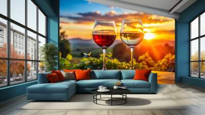 Two wine glasses, one red and one white, are set against a stunning sunset, creating a picturesque scene perfect for relaxation and enjoyment. Wall mural