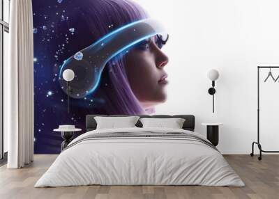 Beautiful woman with purple hair in futuristic costume over white background. Girl in glasses of virtual reality. Augmented reality, game, future technology, AI concept. VR. Blue, violet neon light.
 Wall mural