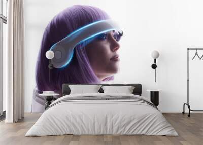 Beautiful woman with purple hair in futuristic costume over white background. Girl in glasses of virtual reality. Augmented reality, game, future technology, AI concept. VR. Blue neon light. Wall mural