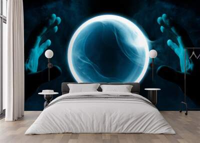 Crystal sphere in hands. Magic ball predictions. Mysterious composition. Fortune teller, mind power, prediction, halloween concept. Wide angle horizontal wallpaper or web banner. Mockup for your logo. Wall mural