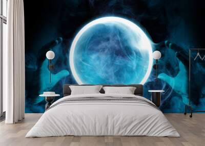 Crystal sphere in hands. Magic ball predictions. Mysterious composition. Fortune teller, mind power, prediction, halloween concept. Wide angle horizontal wallpaper or web banner. Mockup for your logo. Wall mural