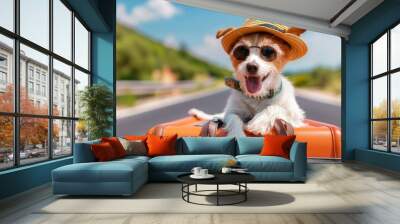 Cute dog goes on a trip by car with suitcases. Concept tourism, vacation. Wall mural