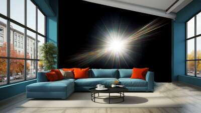 Easy to add lens flare effects for overlay designs or screen blending mode to make high-quality images. Abstract sun burst, digital flare, iridescent glare over black background. Wall mural