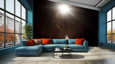 Easy to add lens flare effects for overlay designs or screen blending mode to make high-quality images. Abstract sun burst, digital flare, iridescent glare over black background. Wall mural