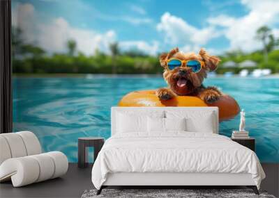 happy dog ​​in glasses relaxes in the pool. concept tourism, vacation. Wall mural