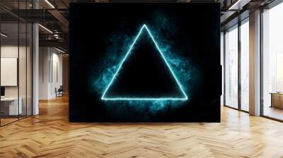 Neon blue color geometric triangle on a dark background. Mystical portal. Mockup for your logo. Futuristic smoke. Mockup for your logo. Wall mural