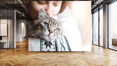 Smiling woman at home holding her lovely  fluffy cat. Gray tabby cute kitten with blue eyes. Pets and lifestyle concept. Wall mural