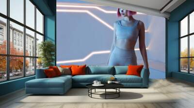 Woman in futuristic costume. Female in modern VR glasses interacting with network while having virtual reality experience. Augmented reality game, future technology, AI concept. VR. Neon blue light. Wall mural