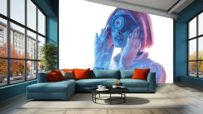 Woman in futuristic costume. Female in modern VR glasses interacting with network while having virtual reality experience. Augmented reality game, future technology, AI concept. VR. Neon blue light. Wall mural