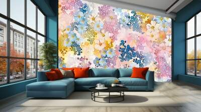  A soft pastel watercolor seamless pattern of delicate spring flowers like daisies, roses and peonies in full bloom with petals in various colors including light pink, yellow, blue and white on an iso Wall mural