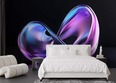 3D render, abstract glass shapes with a purple and blue gradient on a black background, elegant curves and swirls. Wall mural