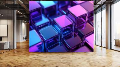 3D render, an abstract geometri background with neon cubs blue and purple lights shining on the wall blocks Wall mural