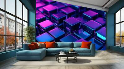 3D render, an abstract geometri background with neon cubs blue and purple lights shining on the wall blocks Wall mural