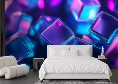 3D render, an abstract geometric background with neon cubs blue and purple lights shining on the wall blocks Wall mural