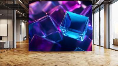 3D render, an abstract geometric background with neon cubs blue and purple lights shining on the wall blocks Wall mural