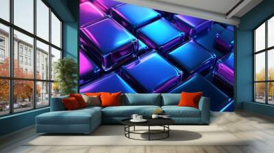 3D render, an abstract geometric background with neon cubs blue and purple lights shining on the wall blocks Wall mural