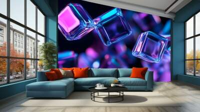 3D render, an abstract geometric background with neon cubs blue and purple lights shining on the wall blocks Wall mural