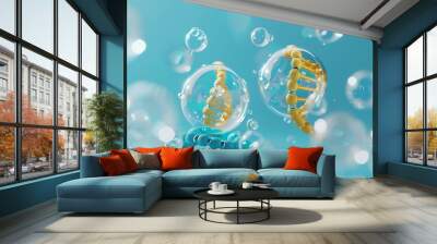 3D render of a minimalistic blue background with a double helix and two spheres: one yellow, the second cyan with a gold metallic structure inside it.  Wall mural