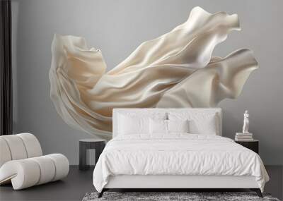 3D render of an abstract shape made from beige silk fabric, floating in the air against a minimalistic background.  Wall mural