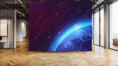 3D rendering of the Earth with purple and blue colors on a dark background, a digital backdrop products or social media banner templates. A globe surrounded by glowing connection lines Wall mural