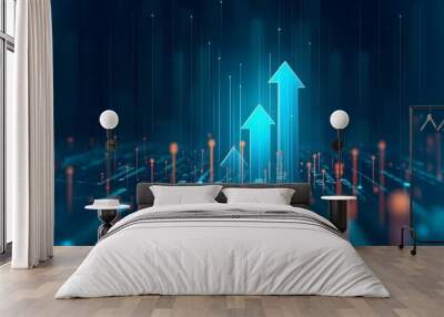 A blue background with glowing arrows pointing upwards, representing growth and progress in the digital age. The arrows symbolize positive movement towards success or change. Wall mural