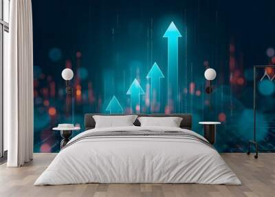 A blue background with glowing arrows pointing upwards, representing growth and progress in the digital age. The arrows symbolize positive movement towards success or change. Wall mural