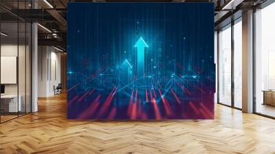 A blue background with glowing arrows pointing upwards, representing growth and progress in the digital age. The arrows symbolize positive movement towards success or change. Wall mural