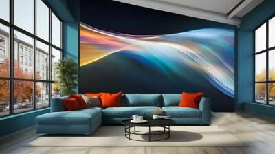 A close-up of an abstract, curved rainbow-like light on a black background, with the silhouette of two flowing lines of white color in the foreground.  Wall mural