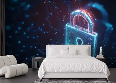 A digital illustration of an illuminated lock symbol with circuit patterns, Wall mural