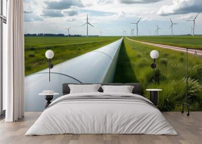 A long pipeline running through a rural landscape with wind turbines in the background, surrounded by fields and a cloudy sky Wall mural