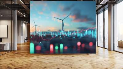 A stock market graph going up with wind turbines in the background, symbolizing green energy and sustainable business practices on a softly blurred neutral blue or grey background Wall mural