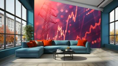 A stock market graph with an electric tower in the background, indicating high energy pole depths and challenges for growth and support of electricity.  Wall mural