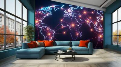 A world map at night showing the lights of cities and towns across the globe, with the continents and oceans visible in the dark background Wall mural