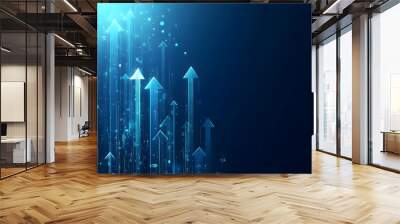 Abstract background with glowing blue arrows pointing upwards, symbolizing growth and success in business or public transport industry on a dark blue background.  Wall mural