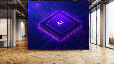 Abstract futuristic background with a chip and the text AI on a blue digital circuit board, an AI technology concept  Wall mural