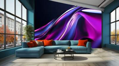 Abstract minimalist shapes on a black background, with a purple and blue gradient lighting effect. A liquid glass sculpture with fluid, organic curves, rendered in Cinema 4D with a glossy finish. Wall mural