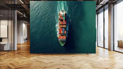 Aerial view of cargo ship with containers sailing in open sea, top down perspective. Concept for global business and international container transport, global trade Wall mural