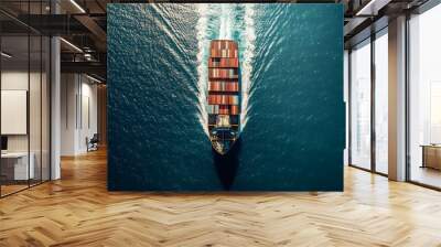 Aerial view of cargo ship with containers sailing in open sea, top down perspective. Concept for global business and international container transport, global trade Wall mural