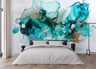 Alcohol ink painting of turquoise and teal watercolor texture on white paper, brown highlights on white background with hexagons  Wall mural