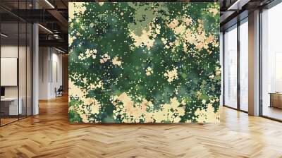 An army camouflage pattern with a pixelated, glitchy look. The background is green and beige, with small white flowers scattered across it in an intricate design. There is no text or other elements on Wall mural