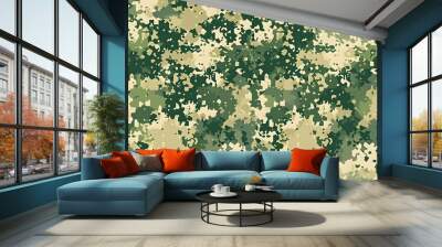 An army camouflage pattern with a pixelated, glitchy look. The background is green and beige, with small white flowers scattered across it in an intricate design. There is no text or other elements on Wall mural