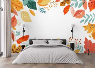 Hand drawn autumn leaves frame the background  illustration with white space for text. It has a flat design with colorful, Wall mural