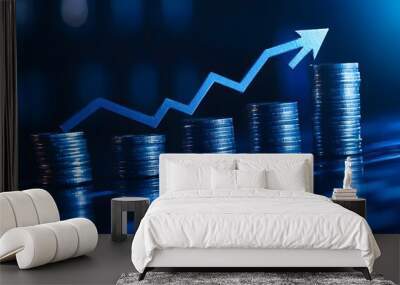 Illustration of a blue arrow pointing up and coins with a growth graph on the background, a business concept Wall mural