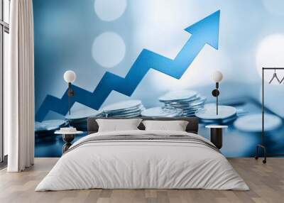 Illustration of an upward arrow and coins on the background, blue color scheme, financial growth concept,  Wall mural