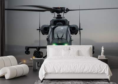 Photo of black halo helicopter, grey background, green lights on the front,  Wall mural