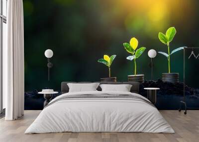 Plants growing on stacks of coins, representing financial growth and work culture for youth in their teens. The concept conveys the idea that young people can take part in an active stock market Wall mural