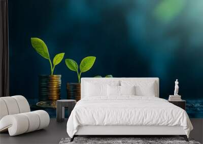 Slight green plants grow on stacks of coins to show business growth and success, a financial concept background.  Wall mural