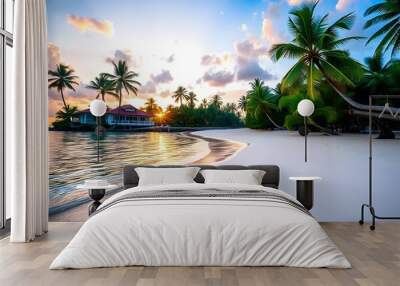 tropical beach at sunset, with palm trees silhouetted against a vibrant sky Wall mural