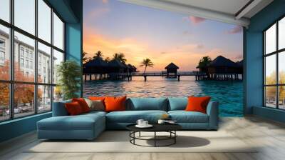 Tropical island resort with tree. Sunset over the beach Wall mural